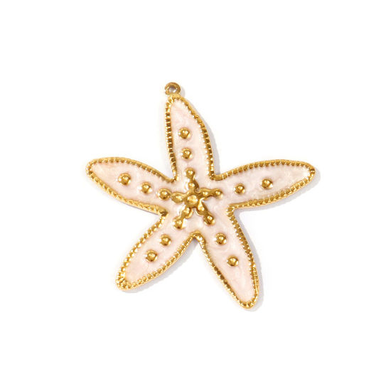 Picture of 1 Piece Eco-friendly PVD Waterproof Anti-Tarnish Hypoallergenic 304 Stainless Steel Ocean Jewelry Pendants Wholesale 18K Real Gold Plated Light Pink Enamel Starfish Pearlized 5cm x 4.7cm