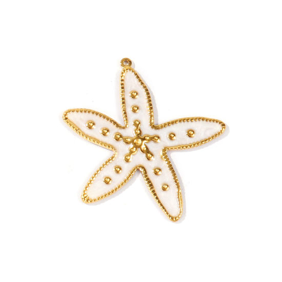 Picture of 1 Piece Eco-friendly PVD Waterproof Anti-Tarnish Hypoallergenic 304 Stainless Steel Ocean Jewelry Pendants Wholesale 18K Real Gold Plated White Enamel Starfish Pearlized 5cm x 4.7cm