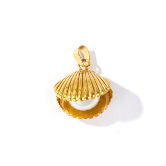 Picture of 1 Piece Eco-friendly PVD Waterproof Anti-Tarnish Hypoallergenic 304 Stainless Steel Charms Wholesale 18K Real Gold Plated White Shell Acrylic Imitation Pearl 23mm x 17mm