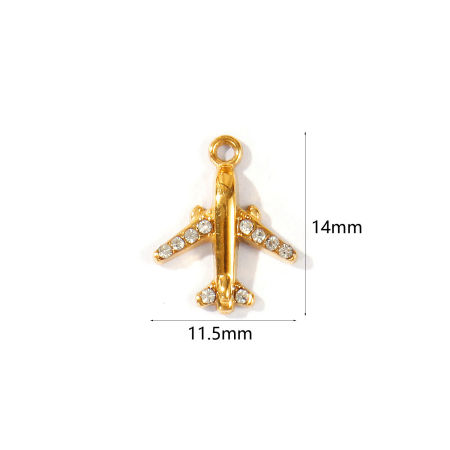 Immagine di 2 Pz PVD Ecologica Impermeabile Anti-Ossidante Ipoallergenico 304 Acciaio Inossidabile Viaggio Ciondoli All'Ingrosso 18K Vero Oro Placcato Aeroplano Trasparente Strass 14mm x 11.5mm