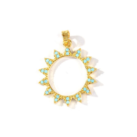 Image de 2 Pcs Pendentif Breloque En Gros en Laiton Plaqué Or 18K Soleil Micro Pave à Zircone Cubique Bleu 29mm x 21mm