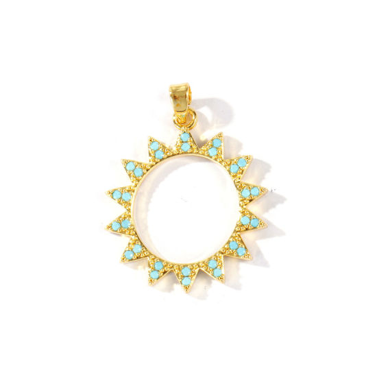 Bild von 2 Stück Messing Charm-Anhänger Großhandel 18K Vergoldet Sonne Micro Pave Blau Kubischer Zirkon 29mm x 21mm