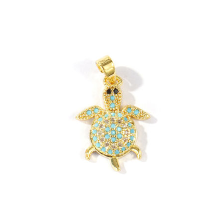 Image de 2 Pcs Pendentif Breloque En Gros en Laiton Plaqué Or 18K Tortue Micro Pave à Zircone Cubique Bleu 23mm x 14mm