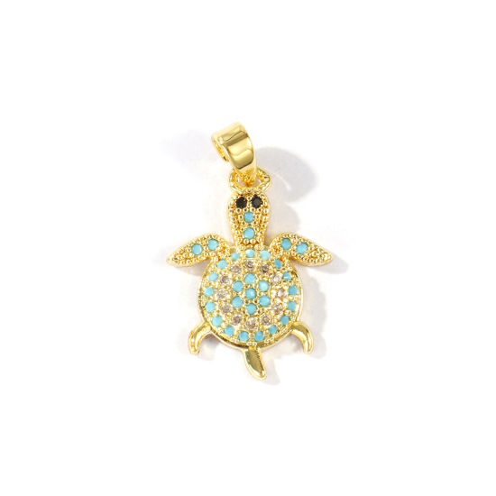 Bild von 2 Stück Messing Charm-Anhänger Großhandel 18K Vergoldet Schildkroete Micro Pave Blau Kubischer Zirkon 23mm x 14mm