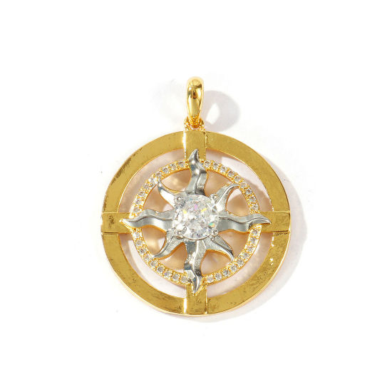 Imagen de 1 Unidad Latón Galaxia Colgantes Al Por Mayor 18K Oro Real Chapado & Platino Real Chapado Dos Colores Ronda Sol Micro Pave Claro Circón Artificial 3.3cm x 2.6cm