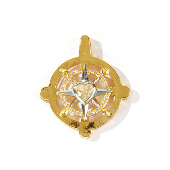 Imagen de 1 Unidad Latón Religión Colgantes Al Por Mayor 18K Oro Real Chapado & Platino Real Chapado Dos Colores Ronda Corazón Exvoto Micro Pave Claro Circón Artificial 3.3cm x 2.8cm