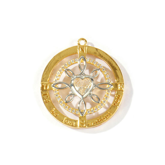 Imagen de 1 Unidad Latón día de San Valentín Colgantes Al Por Mayor 18K Oro Real Chapado & Platino Real Chapado Dos Colores Ronda Corazón Micro Pave Claro Circón Artificial 28mm x 26mm