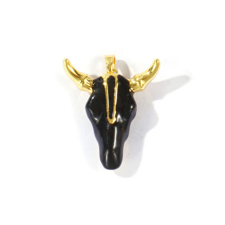 Immagine di 2 Pz Ottone Cowboy dell'Ovest Ciondoli Pendenti All'Ingrosso Placcato Oro 18K Nero Smalto Testa di Toro/Testa di Mucca 3cm x 2.4cm