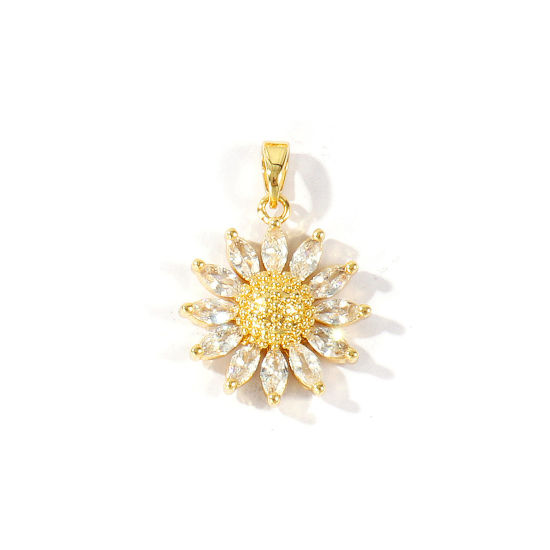 Bild von 2 Stück Messing Charm-Anhänger Großhandel 18K Vergoldet Gänseblümchen Micro Pave Klar Kubischer Zirkon 25mm x 18mm