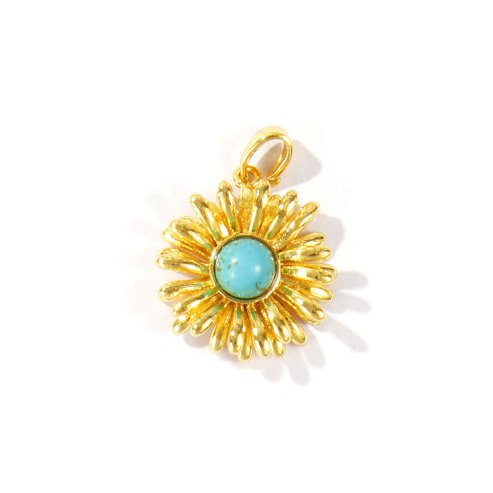 Bild von 2 Stück Messing Charm-Anhänger Großhandel 18K Vergoldet Cyan Gänseblümchen Imitat Howlith 25mm x 18mm