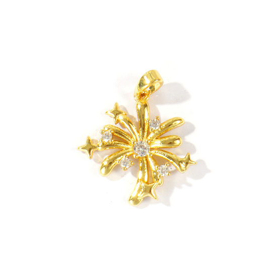 Bild von 2 Stück Messing Charm-Anhänger Großhandel 18K Vergoldet Feuerwerk Micro Pave Klar Kubischer Zirkon 26mm x 22mm