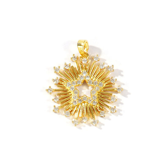 Bild von 2 Stück Messing Galaxis Anhänger Großhandel 18K Vergoldet Pentagramm Stern Micro Pave Klar Kubischer Zirkon 3cm x 2.6cm