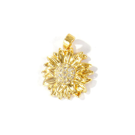 Immagine di 2 Pz Ottone Ciondoli Pendenti All'Ingrosso Placcato Oro 18K Fiore Margherita Micro Spianare Trasparente Cubic Zirconiae 23mm x 17mm