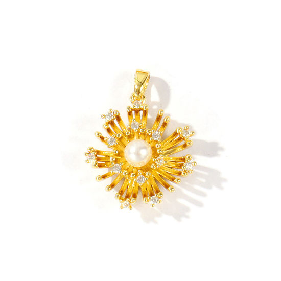 Bild von 2 Stück Messing Charm-Anhänger Großhandel 18K Vergoldet Blumen Acryl Imitat Perle Klar Kubischer Zirkon 26mm x 20mm