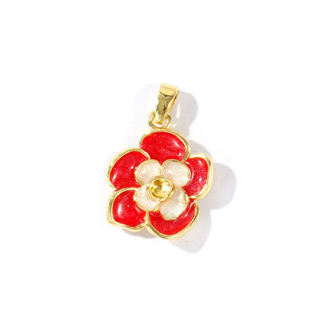 Immagine di 2 Pz Ecologico Ottone Ciondoli Pendenti All'Ingrosso 18K Vero Oro Placcato Rosso Smalto Fiore Madreperla 23mm x 15mm