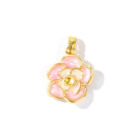 Immagine di 2 Pz Ecologico Ottone Ciondoli Pendenti All'Ingrosso 18K Vero Oro Placcato Rosa Smalto Fiore Madreperla 23mm x 15mm