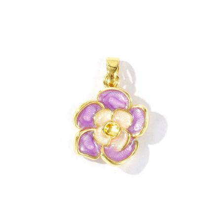 Immagine di 2 Pz Ecologico Ottone Ciondoli Pendenti All'Ingrosso 18K Vero Oro Placcato Colore Viola Smalto Fiore Madreperla 23mm x 15mm
