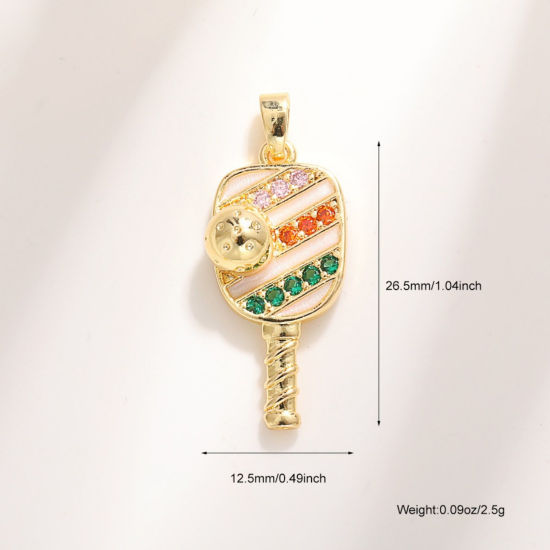 Bild von 2 Stück Messing Sport Charm-Anhänger Großhandel 18K Vergoldet Weiß Emaille Pickleball Schläger Bunt Kubischer Zirkon 26.5mm x 12.5mm