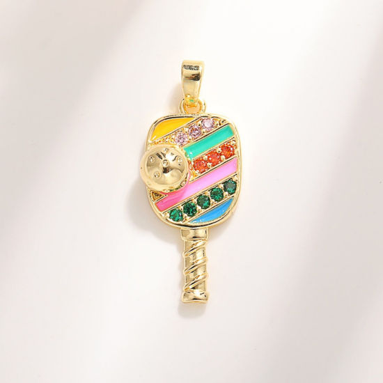 Bild von 2 Stück Messing Sport Charm-Anhänger Großhandel 18K Vergoldet Emaille Pickleball Schläger Bunt Kubischer Zirkon 26.5mm x 12.5mm