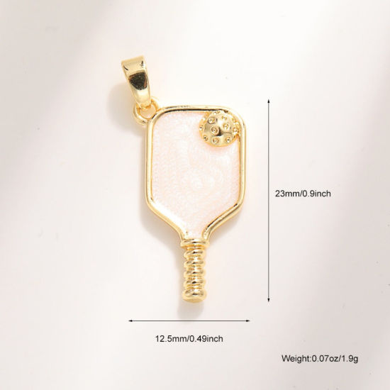 Bild von 2 Stück Messing Sport Charm-Anhänger Großhandel 18K Vergoldet Weiß Emaille Pickleball Schläger 23mm x 12.5mm