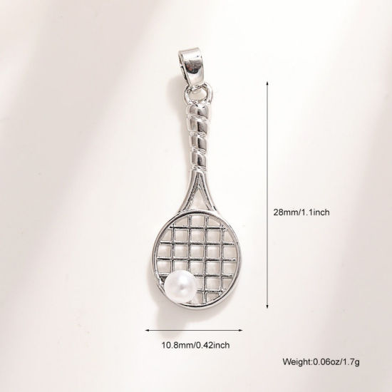 Bild von 2 Stück Messing Sport Charm-Anhänger Großhandel Platin Plattiert Weiß Tennisschläger Acryl Imitat Perle 28mm x 10.8mm