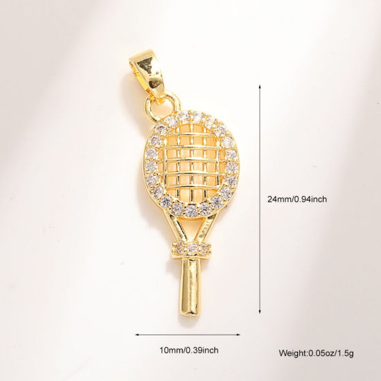 Bild von 2 Stück Messing Sport Charm-Anhänger Großhandel 18K Vergoldet Tennisschläger Micro Pave Klar Kubischer Zirkon 24mm x 10mm