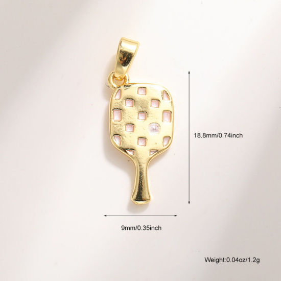 Bild von 2 Stück Messing Sport Charm-Anhänger Großhandel 18K Vergoldet Hellrosa Emaille Pickleball Schläger 18.8mm x 9mm