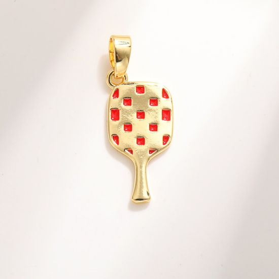 Bild von 2 Stück Messing Sport Charm-Anhänger Großhandel 18K Vergoldet Rot Emaille Pickleball Schläger 18.8mm x 9mm