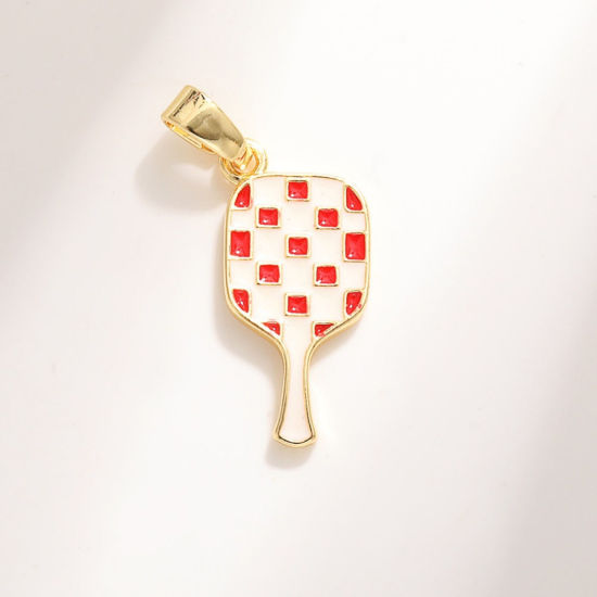Bild von 2 Stück Messing Sport Charm-Anhänger Großhandel 18K Vergoldet Weiß & Rot Emaille Pickleball Schläger 18.8mm x 9mm