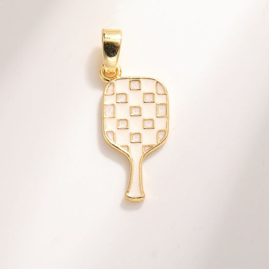 Bild von 2 Stück Messing Sport Charm-Anhänger Großhandel 18K Vergoldet Weiß & Hellrosa Emaille Pickleball Schläger 18.8mm x 9mm