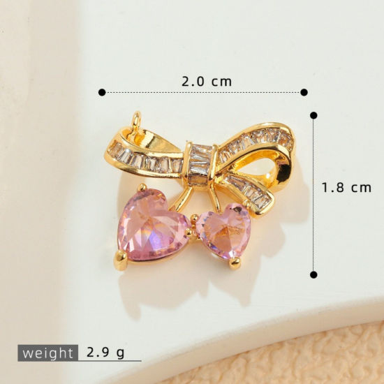 Изображение 2 ШТ Латунь одежда Подвески Оптовая 18K позолоченный Банты Розовый Искусственный Циркон 20мм x 18мм