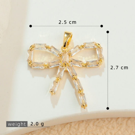 Изображение 2 ШТ Латунь одежда Подвески Оптовая 18K позолоченный Банты Прозрачный Искусственный Циркон 27мм x 25мм