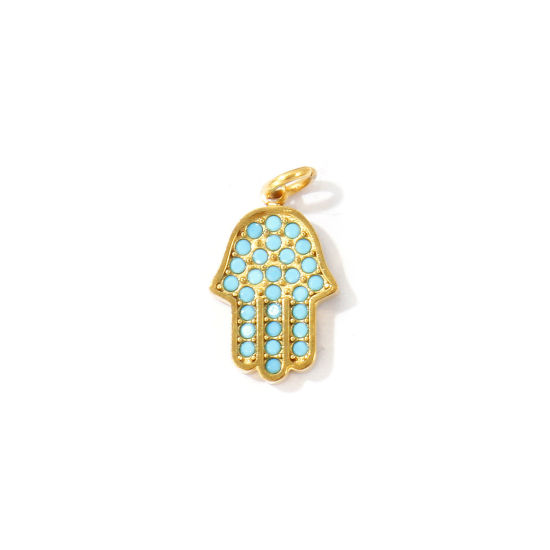 Bild von 2 Stück Umweltfreundliche PVD 304 Edelstahl Religiös Charms Großhandel 18K Vergoldet Hamsa Symbol Hand Micro Pave Blau Strass 17mm x 9mm