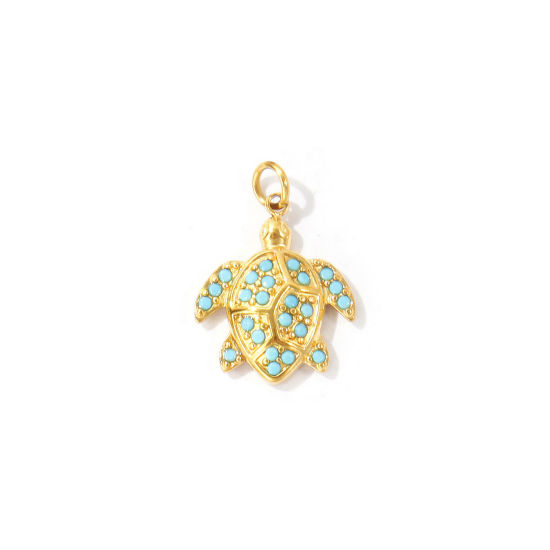 Picture of 2 PCs Eco-friendly PVD 304 Stainless Steel Ocean Jewelry Charms Wholesale 18K Gold Plated Tortoise Animal Micro Pave Blue Rhinestone 18mm x 13mm