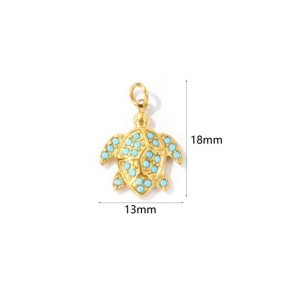 Picture of 2 PCs Eco-friendly PVD 304 Stainless Steel Ocean Jewelry Charms Wholesale 18K Gold Plated Tortoise Animal Micro Pave Blue Rhinestone 18mm x 13mm