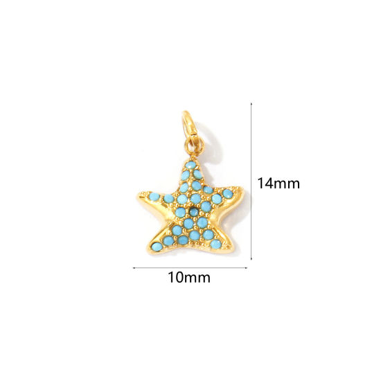 Picture of 2 PCs Eco-friendly PVD 304 Stainless Steel Ocean Jewelry Charms Wholesale 18K Gold Plated Starfish Micro Pave Blue Rhinestone 14mm x 10mm