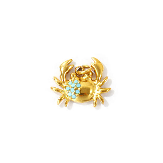 Picture of 2 PCs Eco-friendly PVD 304 Stainless Steel Ocean Jewelry Charms Wholesale 18K Gold Plated Crab Animal Micro Pave Blue Rhinestone 16mm x 13mm