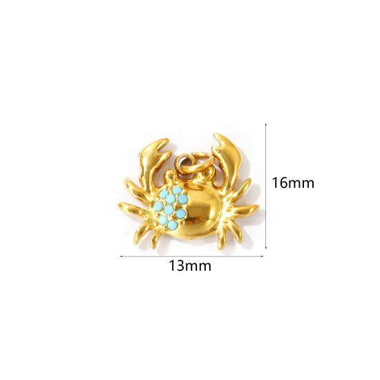 Picture of 2 PCs Eco-friendly PVD 304 Stainless Steel Ocean Jewelry Charms Wholesale 18K Gold Plated Crab Animal Micro Pave Blue Rhinestone 16mm x 13mm
