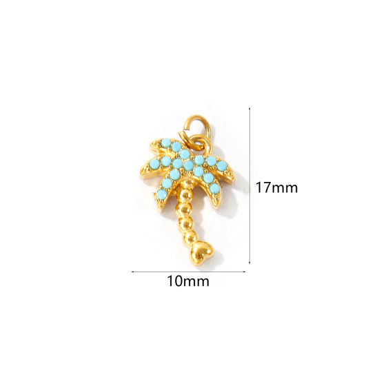 Picture of 2 PCs Eco-friendly PVD 304 Stainless Steel Ocean Jewelry Charms Wholesale 18K Gold Plated Coconut Palm Tree Micro Pave Blue Rhinestone 17mm x 10mm
