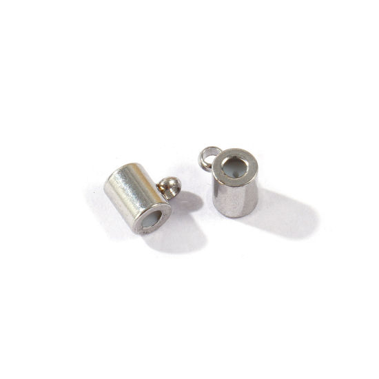 Picture of 10 PCs Eco-friendly 304 Stainless Steel Adjustable Silicone Slider Stopper Beads Wholesale Silver Tone Cylinder With Loop 6mm x 5mm