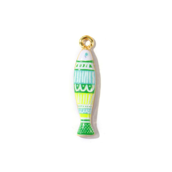 Bild von 2 Stück Umweltfreundlich Messing Ozean Schmuck Anhänger Großhandel 18K Echtgold plattiert Bunt Fisch Gedruckt 3.3cm x 0.7cm