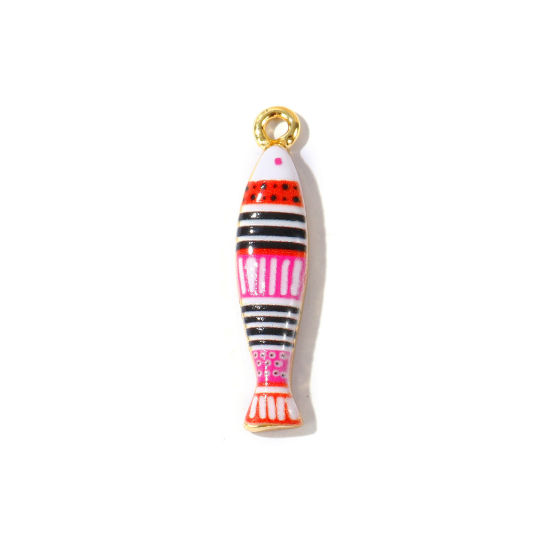 Bild von 2 Stück Umweltfreundlich Messing Ozean Schmuck Anhänger Großhandel 18K Echtgold plattiert Bunt Fisch Gedruckt 3.3cm x 0.7cm