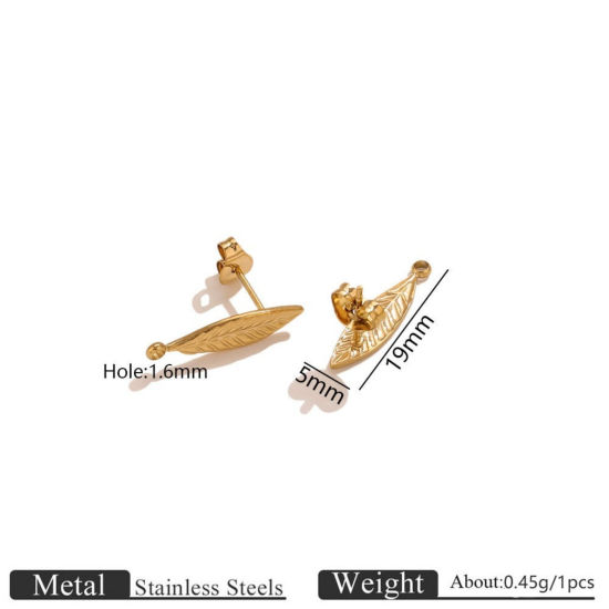 Imagen de 2 Unidades PVD Ecológico 304 Acero Inoxidable Arete de Poste de Oreja con Accesorios de Conector de Bucle Al Por Mayor Hoja Chapado en Oro de 18K 5mm x 19mm, Tamaño del Poste/Cable: 0.7mm(21 gauge)