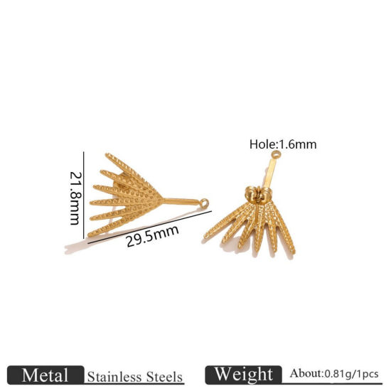 Imagen de 2 Unidades PVD Ecológico 304 Acero Inoxidable Arete de Poste de Oreja con Accesorios de Conector de Bucle Al Por Mayor En forma de abanico Chapado en Oro de 18K Hoja 21.8mm x 29.5mm, Tamaño del Poste/Cable: 0.7mm(21 gauge)