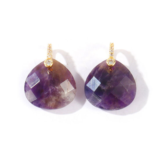 Image de 1 Pièce Breloques En Gros en Laiton & Gemme Plaqué Or 18K Violet Goutte d'Eau A Facettes 22mm x 16mm