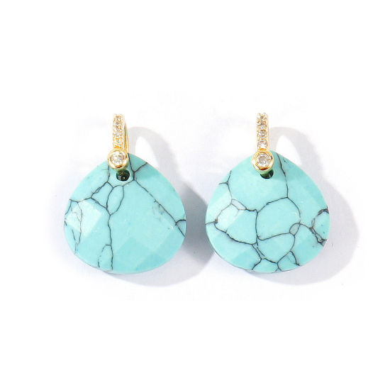 Image de 1 Pièce Breloques En Gros en Laiton & Gemme Plaqué Or 18K Bleu-Vert Goutte d'Eau A Facettes 22mm x 16mm