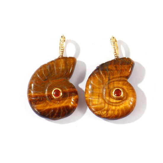 Immagine di 1 Pz Ottone & Gemma Gioielli Oceanici Ciondoli All'Ingrosso Placcato Oro 18K Marrone Conchiglia Marrone Cubic Zirconiae 26mm x 21mm