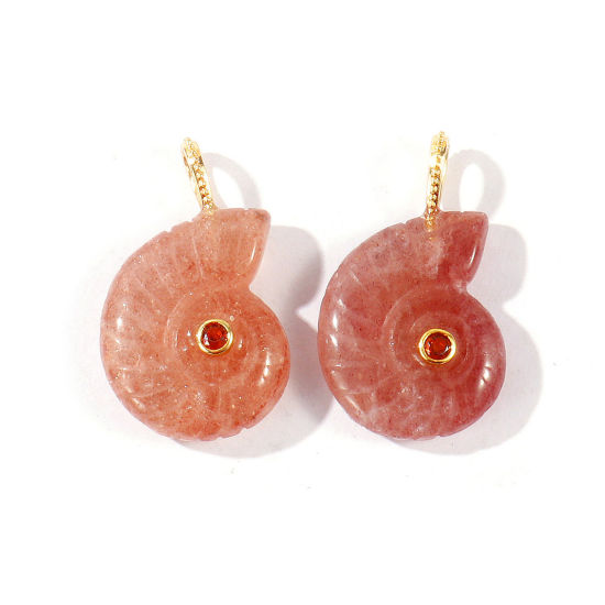 Immagine di 1 Pz Ottone & Gemma Gioielli Oceanici Ciondoli All'Ingrosso Placcato Oro 18K Rosa Conchiglia Marrone Cubic Zirconiae 26mm x 21mm