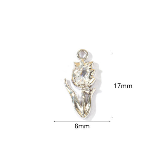 2 個 エコフレンドリー 真鍮 チャーム 卸売り リアルプラチナメッキ チューリップ クリア ジルコン 17mm x 8mm、 の画像