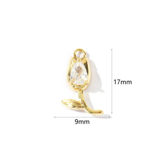 2 個 エコフレンドリー 真鍮 チャーム 卸売り 18Kリアルゴールドメッキ チューリップ クリア ジルコン 17mm x 9mm、 の画像